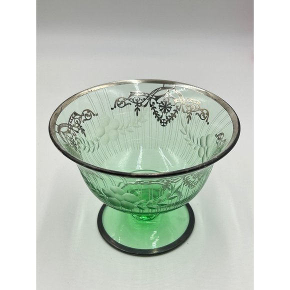 Vintage Green Glass Pedestal Bowl Footed Dish Sterling Silver Overlay Design - Picture 2 of 9